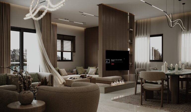 Luxury modern living room interior with warm lighting and wooden finishes