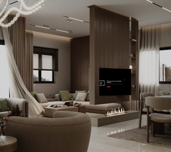 Luxury modern living room interior with warm lighting and wooden finishes