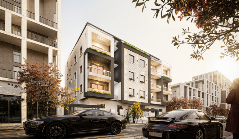 Modern residential building with framed facade and balconies