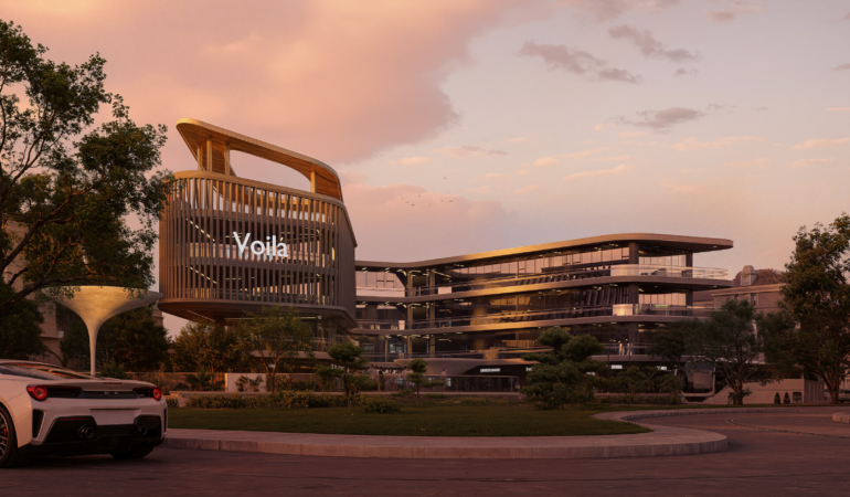 Modern commercial mall with curved architecture and glass facade