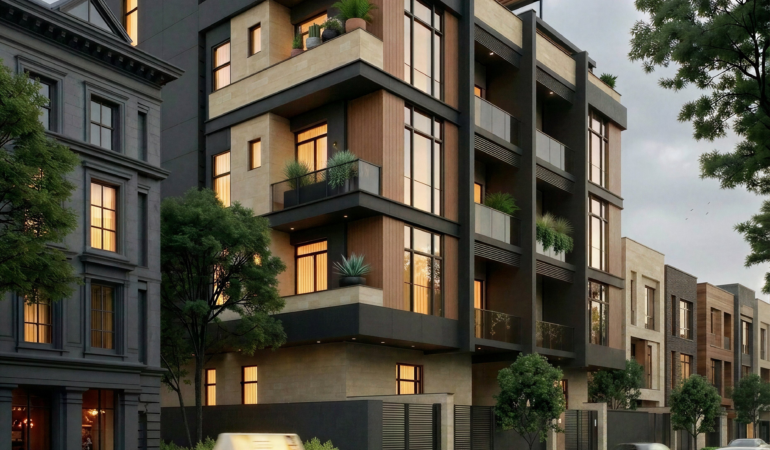 Modern residential building with clean facade and balconies