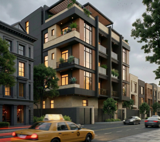 Modern residential building with clean facade and balconies