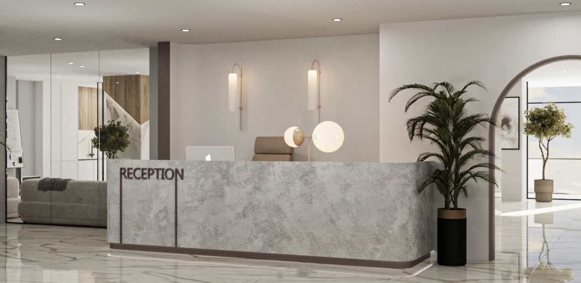 Modern office reception interior with marble desk and minimalist design