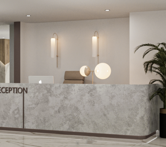 Modern office reception interior with marble desk and minimalist design