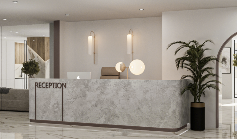 Modern office reception interior with marble desk and minimalist design