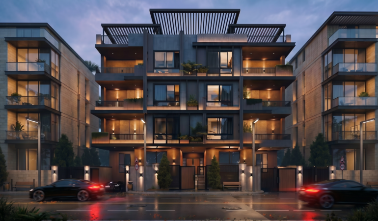 Modern residential building at night with architectural lighting